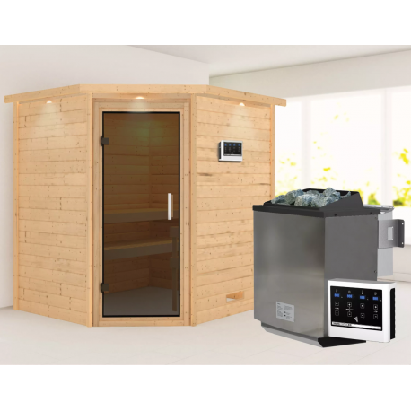 Sauna traditionnel d’angle Mia Plug &Play - 4 places 38mm - poêle Easy Bio 9000W - couronne - porte moderne Woodfeeling