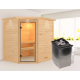 Sauna traditionnel d’angle Mia Plug &Play - 4 places - poêle 9KW ctrl intégré - couronne - porte en verre clair Woodfeeling