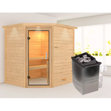 Sauna traditionnel d’angle Mia Plug &Play - 4 places - poêle 9KW ctrl intégré - couronne - porte en verre clair Woodfeeling