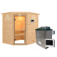 Sauna traditionnel d’angle Mia Plug &Play - 4 places - poêle 9KW ctrl intégré - couronne - porte en verre clair Woodfeeling