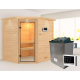 Sauna traditionnel d’angle Mia Plug &Play - 4 places - poêle 9KW ctrl externe - couronne - porte en verre clair Woodfeeling