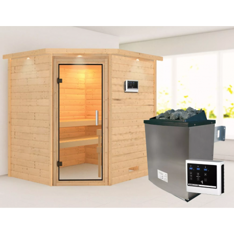 Sauna traditionnel d’angle Mia Plug &Play - 4 places - poêle 9KW ctrl externe - couronne - porte en verre clair Woodfeeling