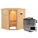 Sauna traditionnel d’angle Mia Plug &Play - 4 places - poêle 9KW ctrl externe - couronne - porte en verre clair Woodfeeling