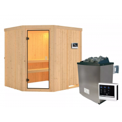 Sauna traditionnel d'angle BODO 5 à 6 places 68mm - poêle 9KW ctrl externe - Karibu