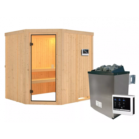Sauna traditionnel d'angle BODO - poêle 9KW ctrl externe - Karibu