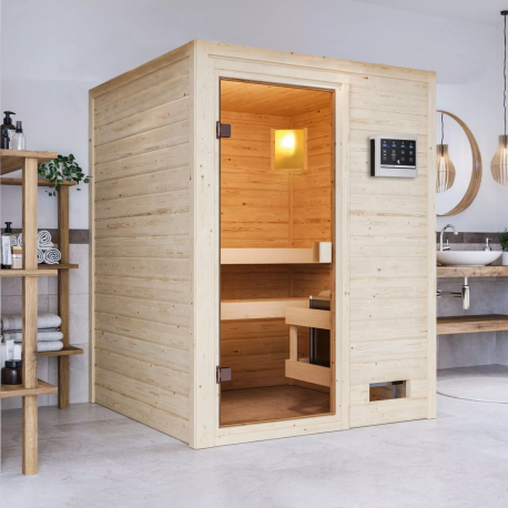 Sauna traditionnel Sandra 2 à 3 places 38mm - poêle 9KW ctrl externe - sans couronne lumineuse - Woodfeeling