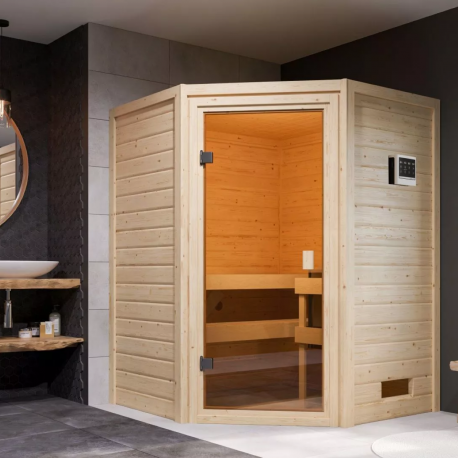 Sauna traditionnel d’angle Antonia 2 à 3 places 38mm - poêle Easy Bio 9000W - sans couronne lumineuse - Woodfeeling
