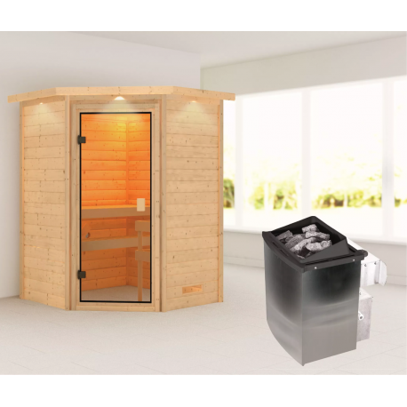 Sauna traditionnel d’angle Antonia 2 à 3 places 38mm - poêle 9KW ctrl intégré - couronne lumineuse - Woodfeeling