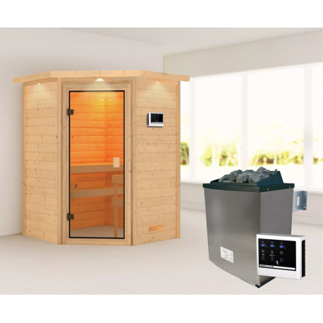 Sauna traditionnel d’angle Antonia 2 à 3 places 38mm - poêle 9KW ctrl externe - couronne lumineuse - Woodfeeling