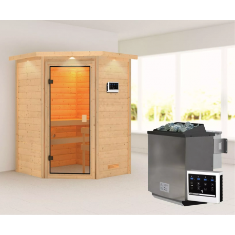 Sauna traditionnel d’angle Antonia 2 à 3 places 38mm - poêle Easy Bio 9000W - couronne lumineuse - Woodfeeling