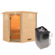 Sauna traditionnel d’angle Jella 2 à 3 places 38mm - poêle 9KW ctrl intégré - couronne lumineuse - Woodfeeling