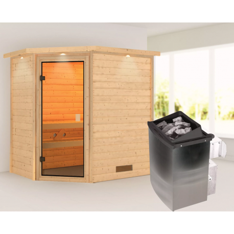 Sauna traditionnel d’angle Jella 2 à 3 places 38mm - poêle 9KW ctrl intégré - couronne lumineuse - Woodfeeling