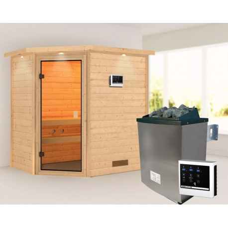 Sauna traditionnel d’angle Jella 2 à 3 places 38mm - poêle 9KW ctrl externe - couronne lumineuse - Woodfeeling