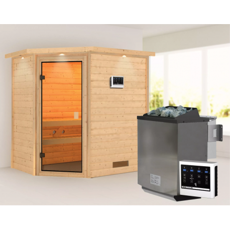 Sauna traditionnel d’angle Jella 2 à 3 places 38mm - poêle Easy Bio 9000W - couronne lumineuse - Woodfeeling