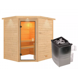 Sauna traditionnel d’angle Elea 3 à 4 places 38mm - poêle 9KW ctrl intégré - couronne lumineuse - Karibu