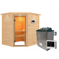 Sauna traditionnel d’angle Elea 3 à 4 places 38mm - poêle 9KW ctrl externe - couronne lumineuse - Karibu