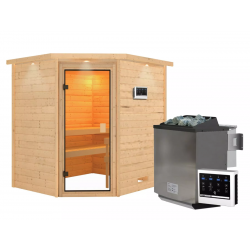 Sauna traditionnel d’angle Elea 3 à 4 places 38mm - poêle Easy Bio 9000W - couronne lumineuse - Karibu