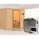 Sauna traditionnel 38mm 4 à 5 places Sahib 1 sans couronne - poêle Easy Bio 9000W - porte en verre clair KARIBU