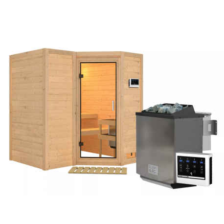 Sauna traditionnel 38mm 4 à 5 places Sahib 1 sans couronne - poêle Easy Bio 9000W - porte en verre clair KARIBU
