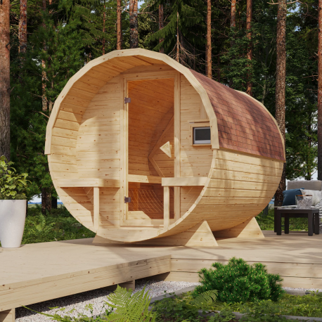 Sauna Tonneau 2 - 4 à 6 places bois massif 38 mm - poêle Easy Bio 9KW - KARIBU