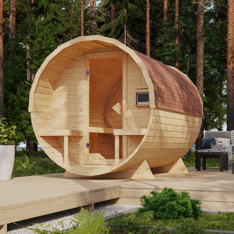 Sauna Tonneau 2 - 4 à 6 places bois massif 38 mm sans four - 4 paquets de bardeaux KARIBU