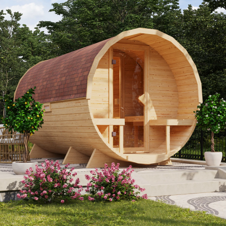 Sauna Tonneau 3 avec vestibule - 4 à 6 places bois massif 38 mm - poêle Easy Bio 9000W - KARIBU
