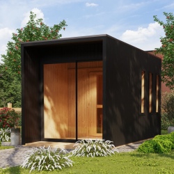 Sauna d'extérieur Miramar - noir avec vestibule - poêle Easy Bio 9000W - 3 à 5 places 73mm - KARIBU