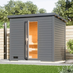 Sauna d’extérieur en bois gris terre Hytti 3 - 5 places 38mm - poêle 9KW ctrl externe - KARIBU