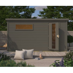 Sauna d’extérieur en bois gris terre Hytti 6 - 5 places - 38mm - poêle 9KW ctrl externe - KARIBU