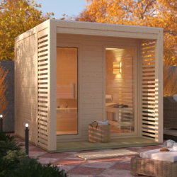 Sauna d’extérieur en bois brut Angkor 2 - 5 places - 38mm - poêle 9KW ctrl externe - KARIBU