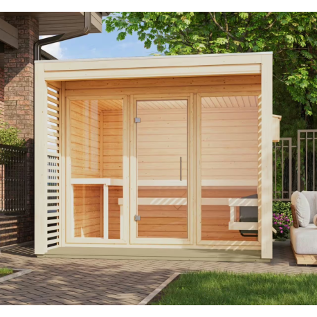 Sauna d’extérieur en bois brut Angkor 3 - 5 places - poêle 9KW ctrl Easy Bio - KARIBU