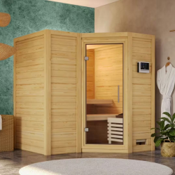 Sauna traditionnel 38mm 4 à 5 places Sahib 1 sans couronne - avec porte en verre clair KARIBU