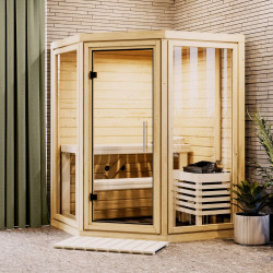 Sauna traditionnel d'angle 2 à 3 places - parois 38mm - sans couronne - porte en verre clair - Yuma - KARIBU