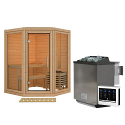 Sauna d'angle 2 à 3 places - 38mm - sans couronne - poêle Easy Bio ctrl externe - porte en verre clair - Yuma - KARIBU