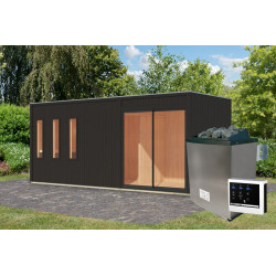 Sauna d'extérieur 5 places - parois 73mm - bois noir - poêle ctrl externe - Monterey - KARIBU
