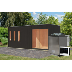 Sauna d'extérieur 5 places - parois 73mm - bois noir - poêle Easy Bio ctrl externe - Monterey - KARIBU