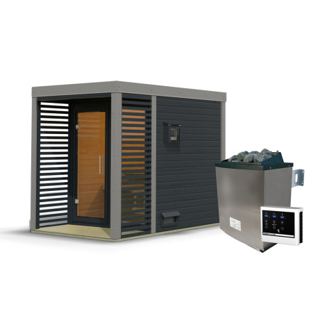 Sauna d'extérieur en bois anthracite 2 à 4 places - parois 38mm - avec terrasse - poêle ctrl externe - Ares 1 - KARIBU