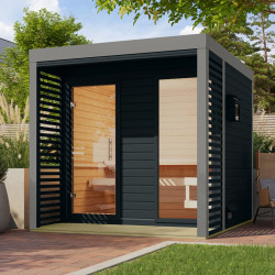 Sauna d'extérieur en bois anthracite 2 à 5 places - parois 38mm - avec terrasse - sans poêle - Ares 2 - KARIBU