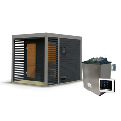 Sauna d'extérieur en bois anthracite 2 à 5 places - parois 38mm - avec terrasse - poêle ctrl externe - Ares 2 - KARIBU