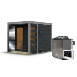 Sauna d'extérieur en bois anthracite 2 à 5 places - parois 38mm - avec terrasse - poêle Easy Bio ctrl externe - Ares 2 - KARIBU