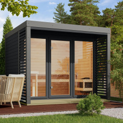 Sauna d'extérieur en bois anthracite 3 à 5 places - parois 38mm - avec terrasse - sans poêle - Ares 3 - KARIBU