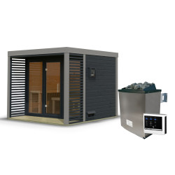 Sauna d'extérieur en bois anthracite 3 à 5 places - parois 38mm - avec terrasse - poêle ctrl externe - Ares 3 - KARIBU