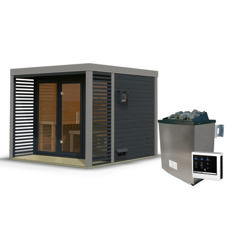 Sauna d'extérieur en bois anthracite 6 à 8 places - parois 38mm - avec terrasse - poêle ctrl externe - Ares 3 - KARIBU 
