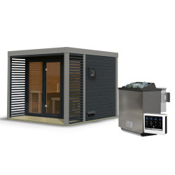 Sauna d'extérieur en bois anthracite 3 à 5 places - parois 38mm - avec terrasse - poêle Easy Bio ctrl externe - Ares 3 - KARIBU