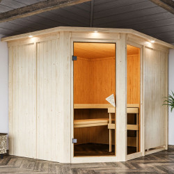 Sauna traditionnel d'angle FIONA 3 - 5 à 6 places 68mm + couronne lumineuse KARIBU