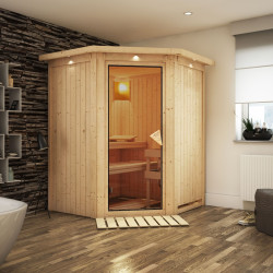 Sauna traditionnel d'angle LARIN 3 à 4 places 68mm avec couronne et porte classique KARIBU