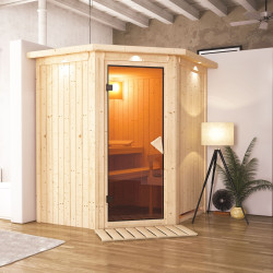 Sauna traditionnel d'angle TAURIN 2 à 3 places 68mm avec couronne et porte classique KARIBU