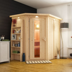 Sauna traditionnel d'angle CARIN 4 à 5 places 68mm avec couronne et porte à économie d'énergie KARIBU