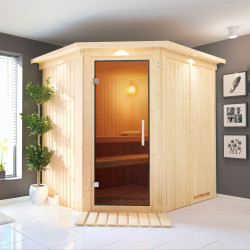 Sauna traditionnel d'angle SIIRIN 4 à 5 places 68mm avec couronne et porte moderne KARIBU
