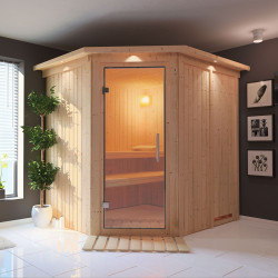 Sauna traditionnel d'angle SIIRIN 4 à 5 places 68mm avec couronne et porte en verre clair KARIBU